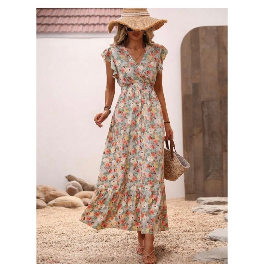 Floral Ruffle Sleeve and Hem Maxi Sundress Small NIB